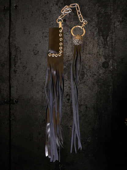 Black Leather Bag Charm With fringe Keychain and Lighter Case , Genuine Goat Leather Fringe Lighter Holder, Skull Key Ring