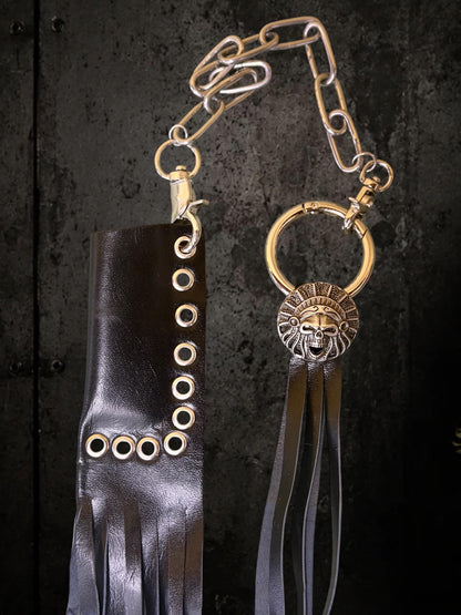 Black Leather Bag Charm With fringe Keychain and Lighter Case , Genuine Goat Leather Fringe Lighter Holder, Skull Key Ring