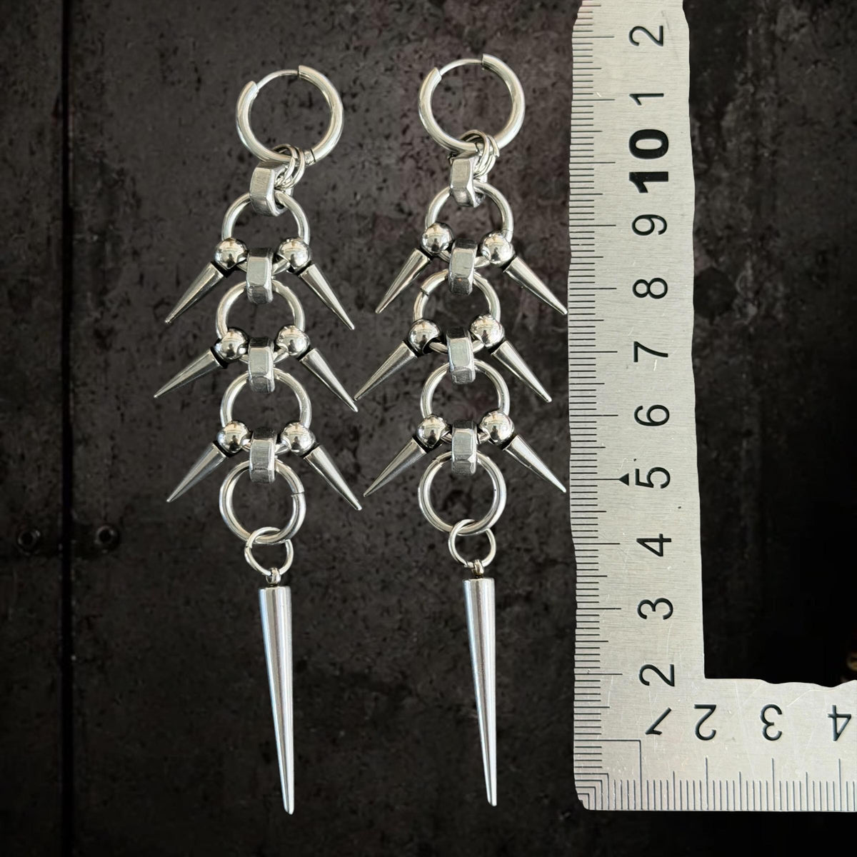 Gothic Spike Dangle Earrings, Stainless Steel Industrial Punk Jewellery, 11cm Long Drops