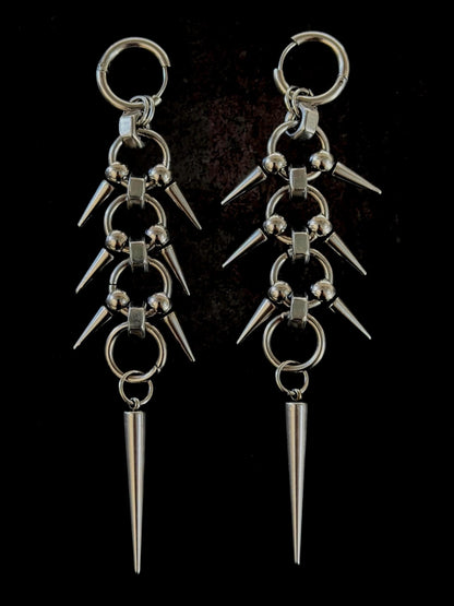 Gothic Spike Dangle Earrings, Stainless Steel Industrial Punk Jewellery, 11cm Long Drops
