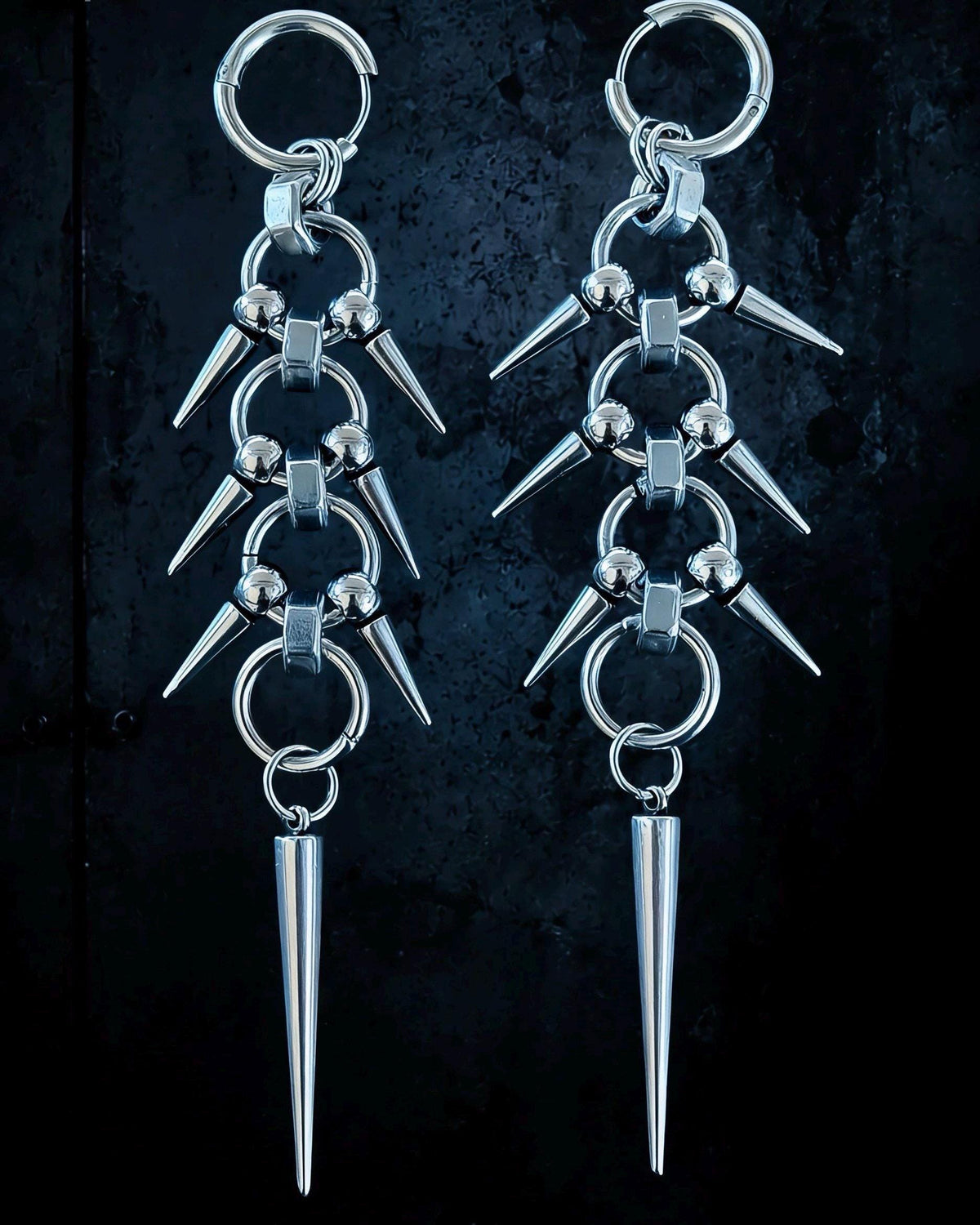 Gothic Spike Dangle Earrings, Stainless Steel Industrial Punk Jewellery, 11cm Long Drops