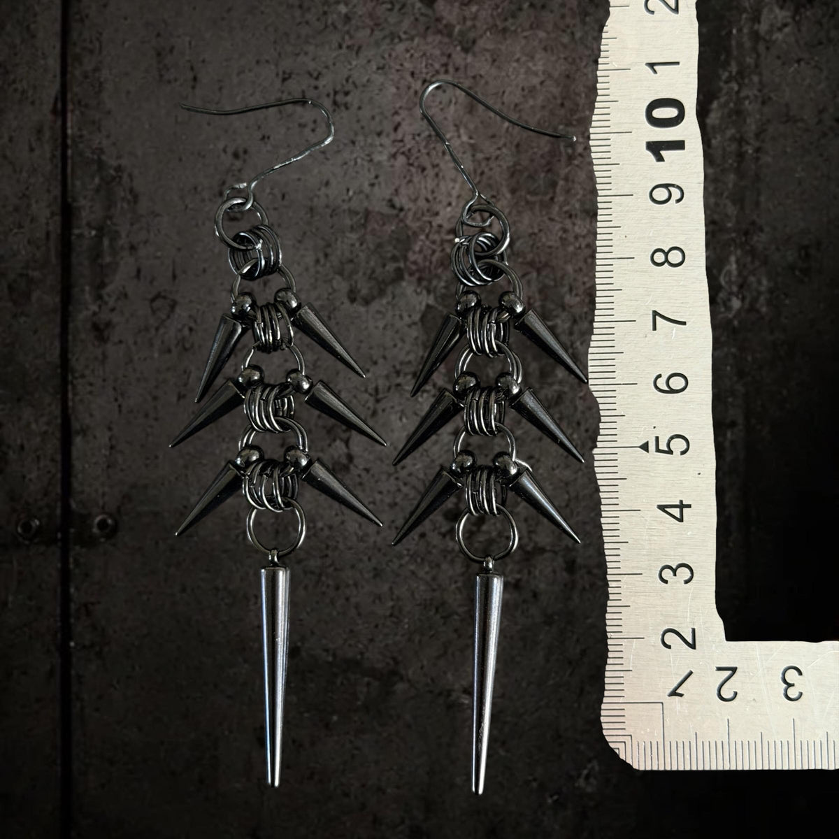 Black Stainless Steel Spike Dangle Earrings – Spine Design - Gothic Industrial Punk Jewellery (10cm)
