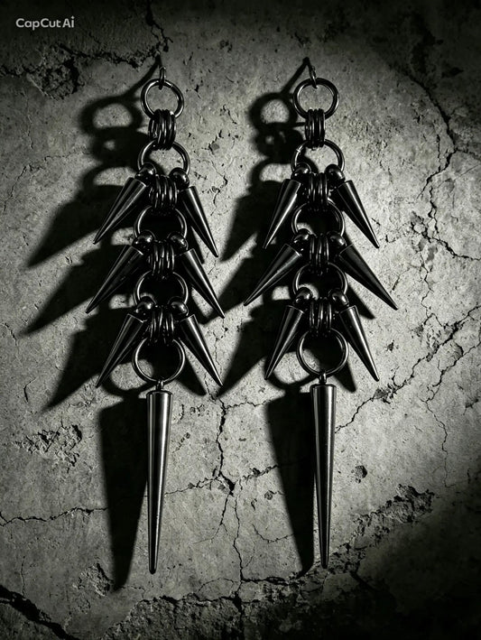 Black Stainless Steel Spike Dangle Earrings – Spine Design - Gothic Industrial Punk Jewellery (10cm)