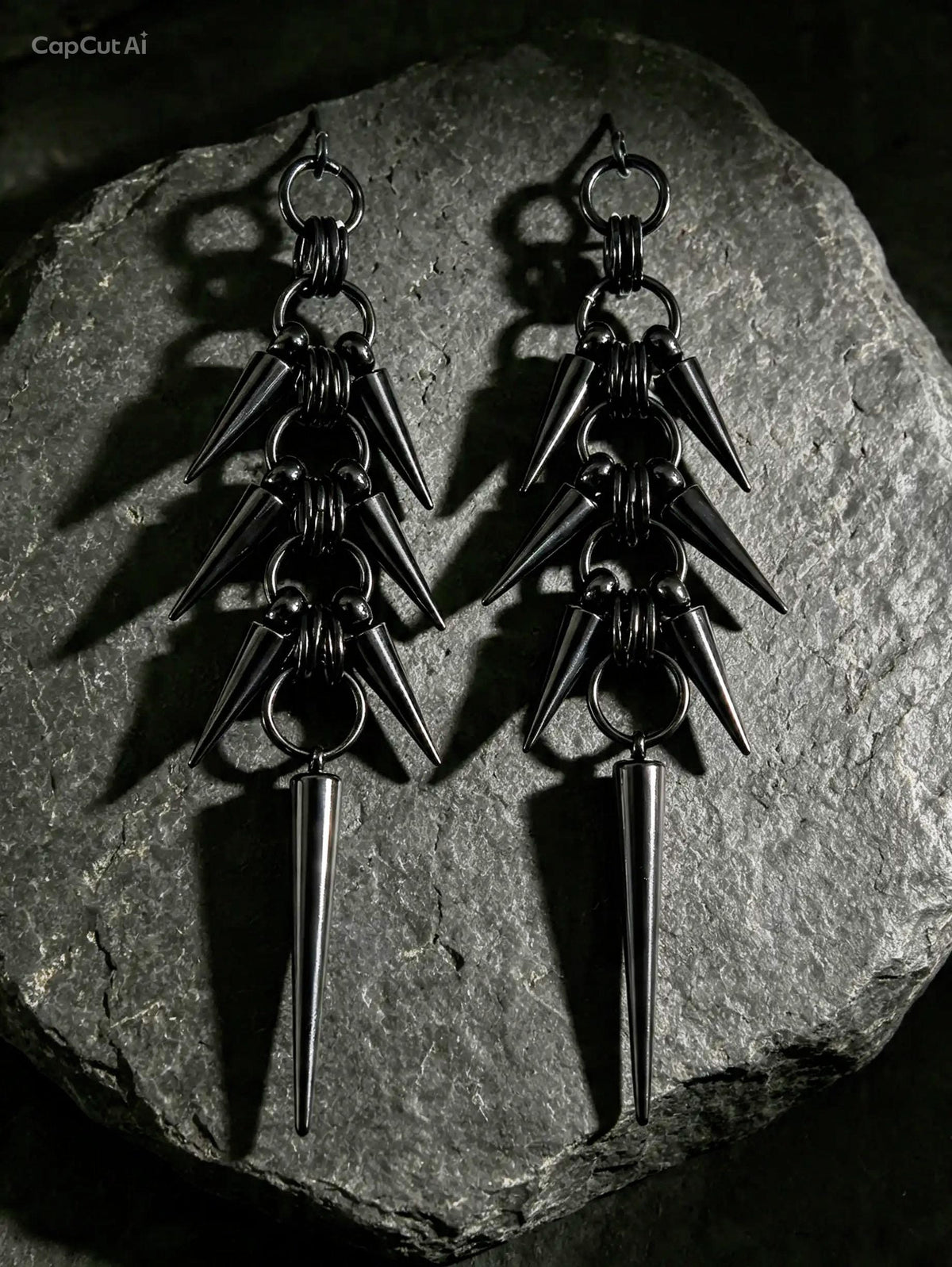 Black Stainless Steel Spike Dangle Earrings – Spine Design - Gothic Industrial Punk Jewellery (10cm)