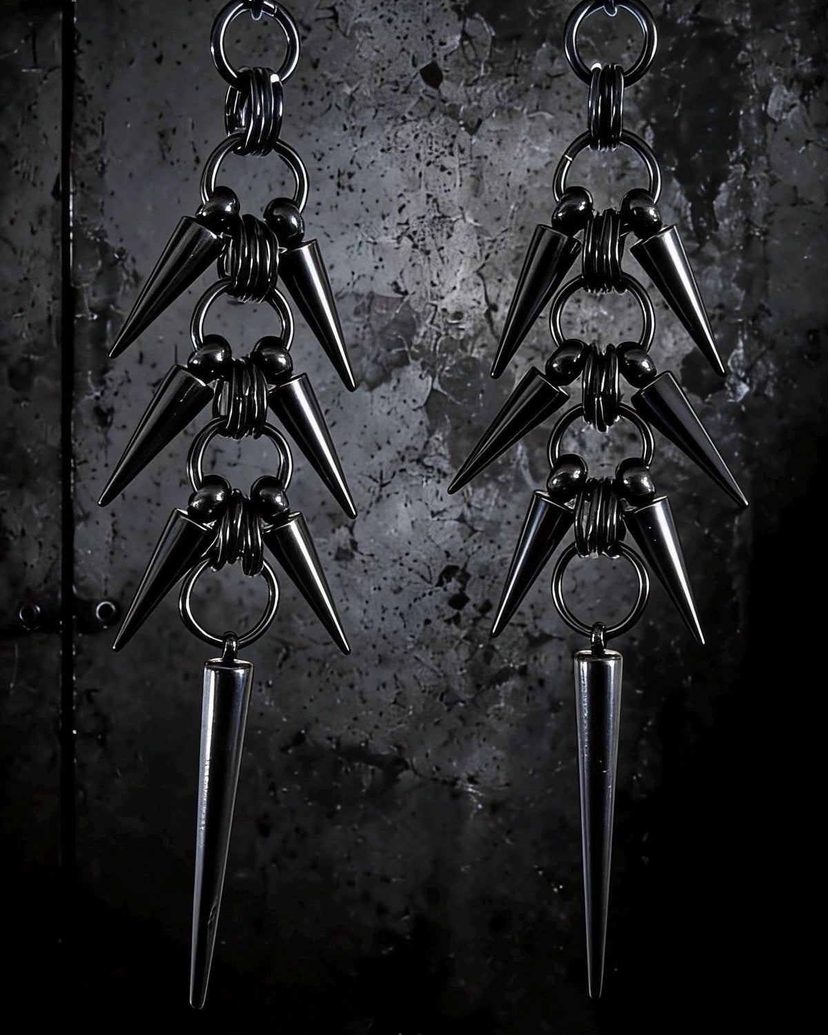 Black Stainless Steel Spike Dangle Earrings – Spine Design - Gothic Industrial Punk Jewellery (10cm)