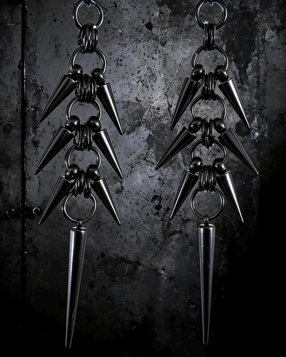 Black Stainless Steel Spike Dangle Earrings – Spine Design - Gothic Industrial Punk Jewellery (10cm)
