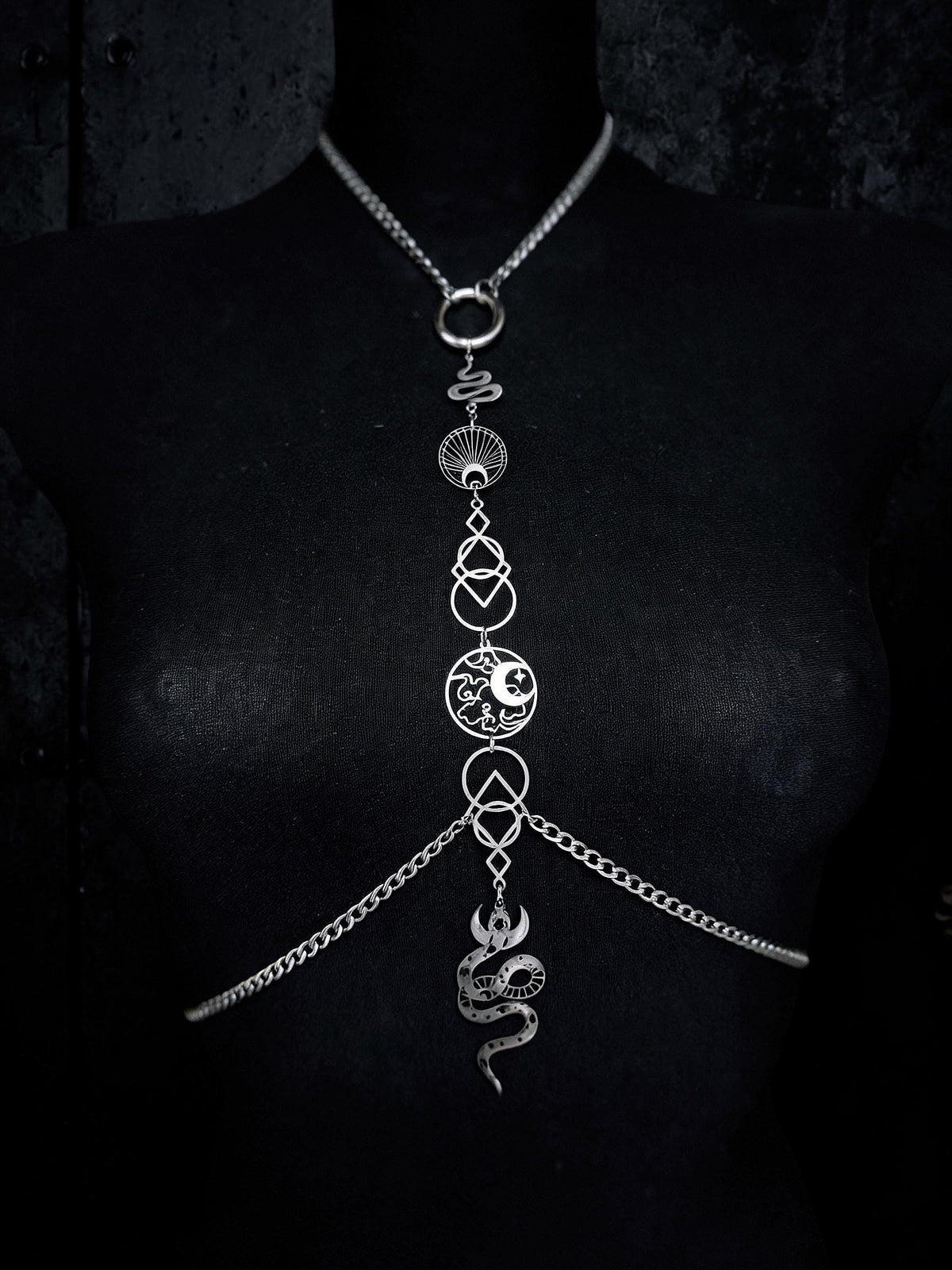 Gothic Snake Body Chain, Six Celestial Charms, Stainless Steel Waist Harness