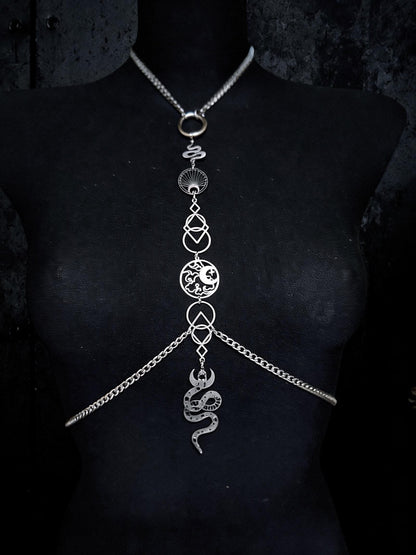 Gothic Snake Body Chain, Six Celestial Charms, Stainless Steel Waist Harness