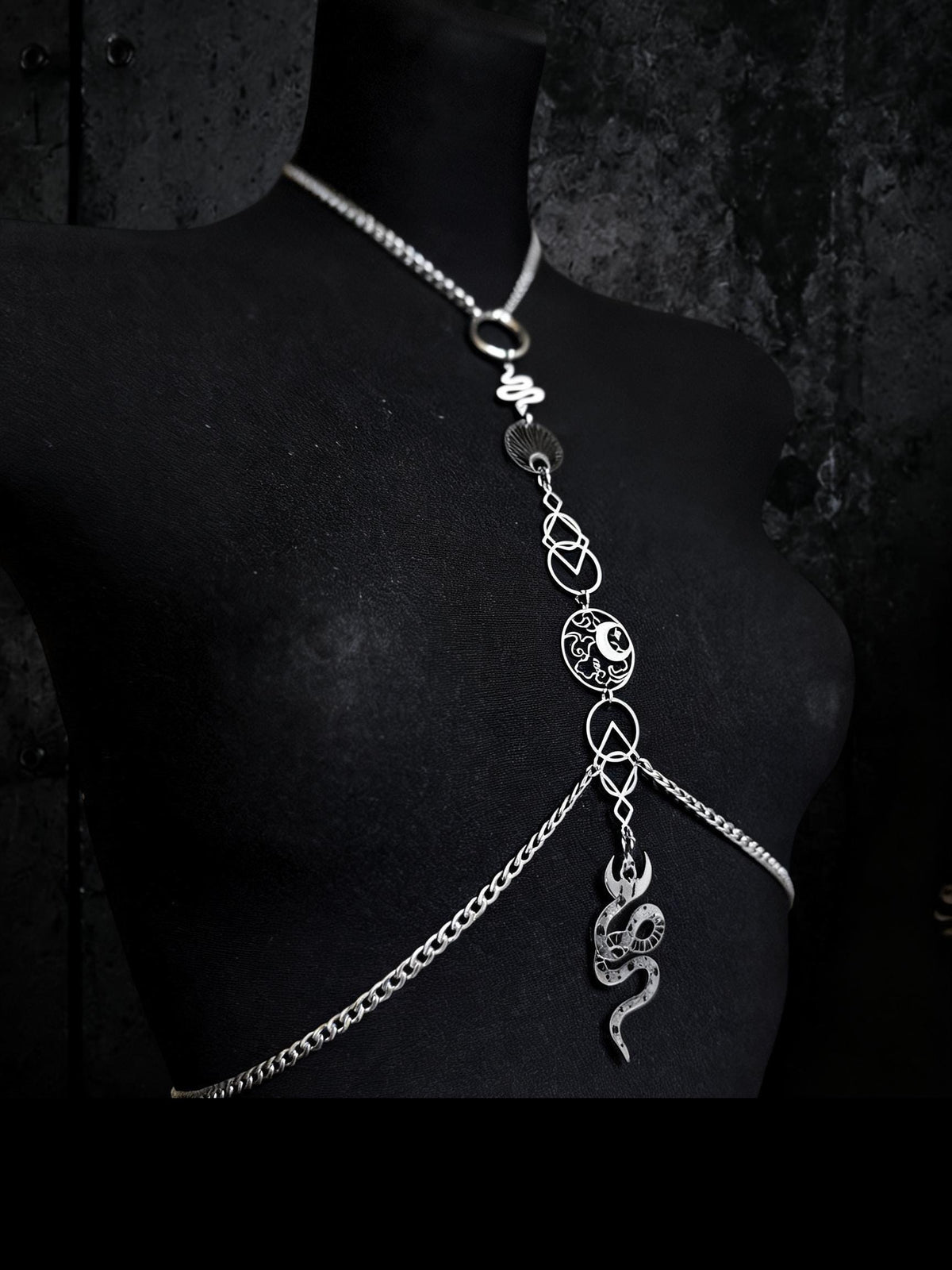 Gothic Snake Body Chain, Six Celestial Charms, Stainless Steel Waist Harness