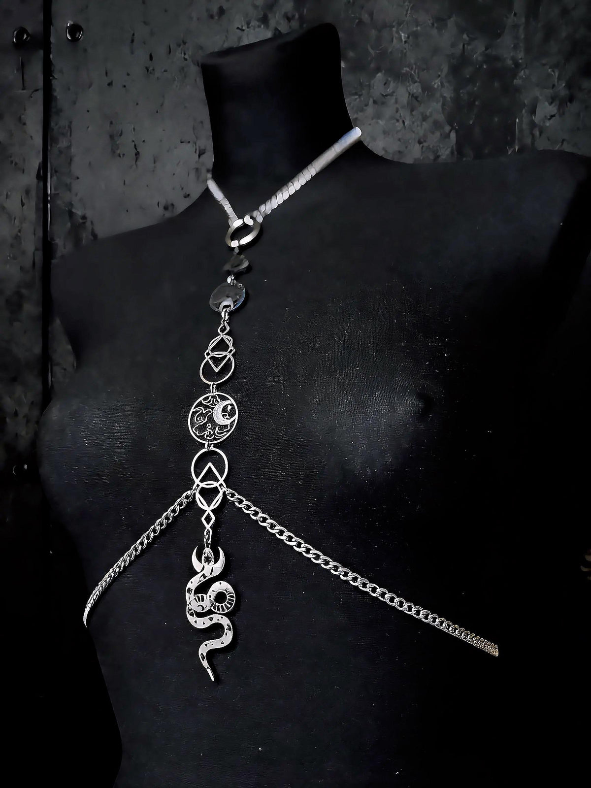 Gothic Snake Body Chain, Six Celestial Charms, Stainless Steel Waist Harness