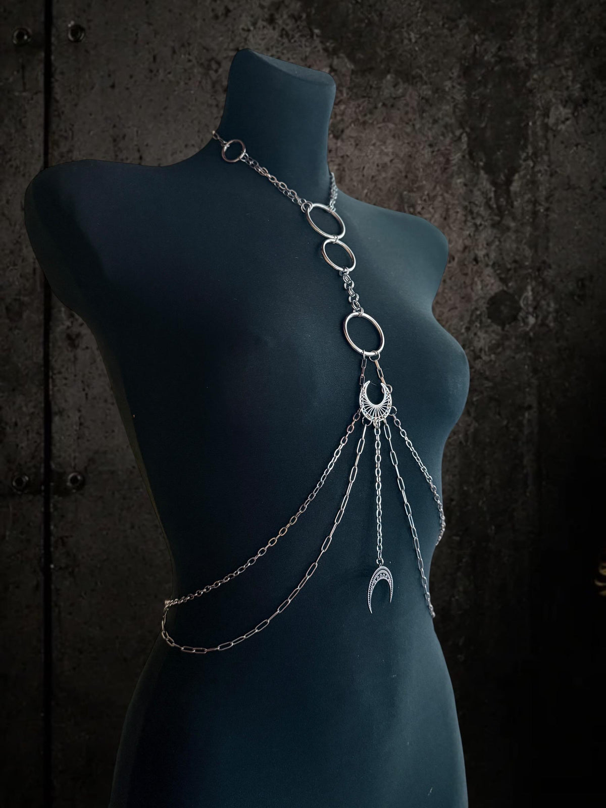 Moon body chain harness, Symbol Jewelry for Gothic Festivals, Alternative Fashion with Layered Metal