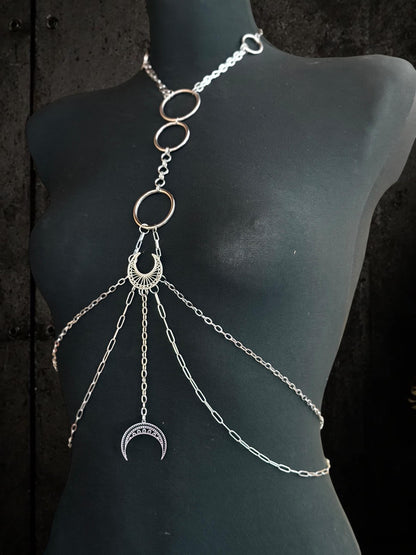 Moon body chain harness, Symbol Jewelry for Gothic Festivals, Alternative Fashion with Layered Metal