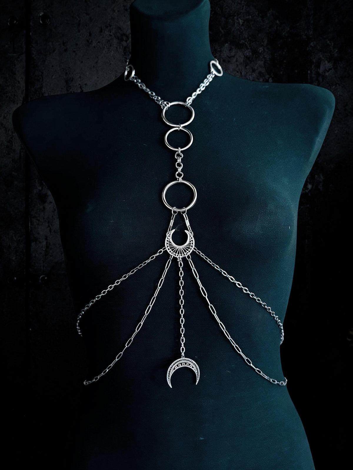 Moon body chain harness, Symbol Jewelry for Gothic Festivals, Alternative Fashion with Layered Metal