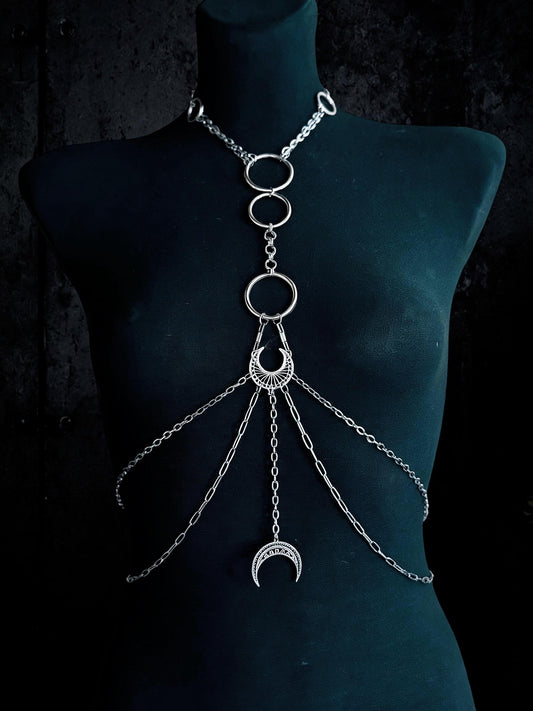 Moon body chain harness, Symbol Jewelry for Gothic Festivals, Alternative Fashion with Layered Metal