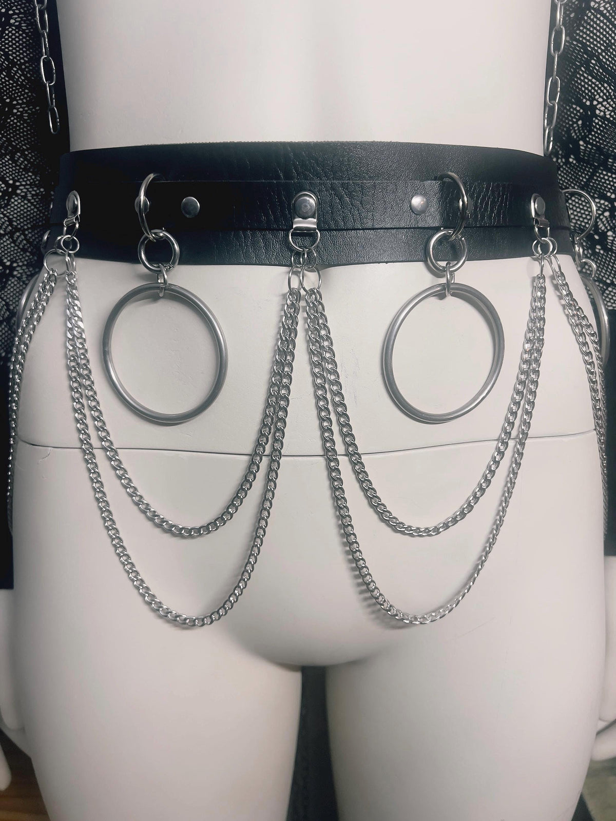 Gothic Chain Belt, Upcycled Faux Leather, Stainless Steel O-Rings