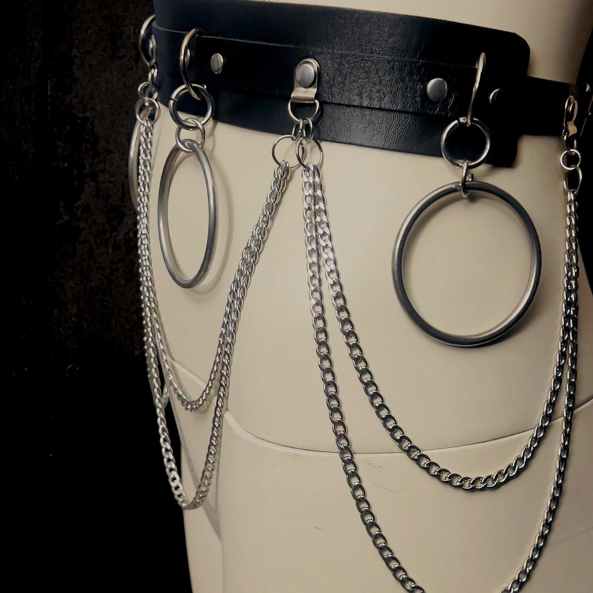 Gothic Chain Belt, Upcycled Faux Leather, Stainless Steel O-Rings