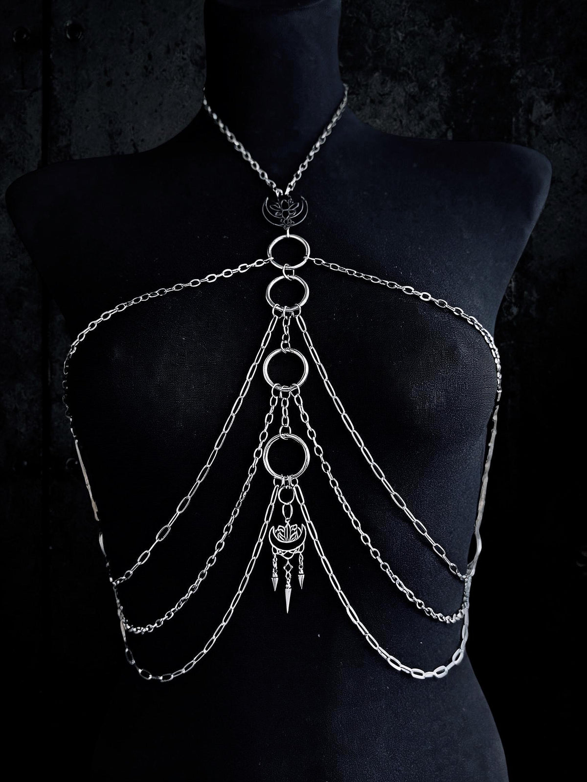 Moon Lotus Flower Body Chain | Stainless Steel Celestial Chest Harness Necklace