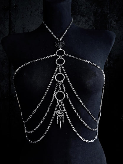 Moon Lotus Flower Body Chain | Stainless Steel Celestial Chest Harness Necklace