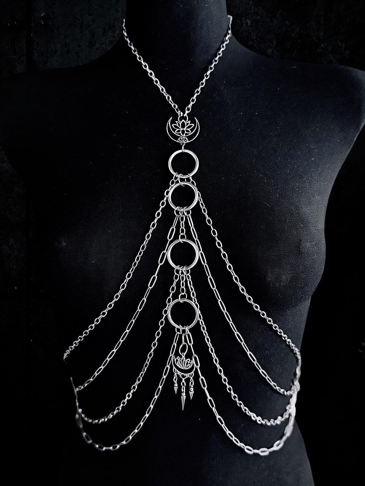 Moon Lotus Flower Body Chain | Stainless Steel Celestial Chest Harness Necklace