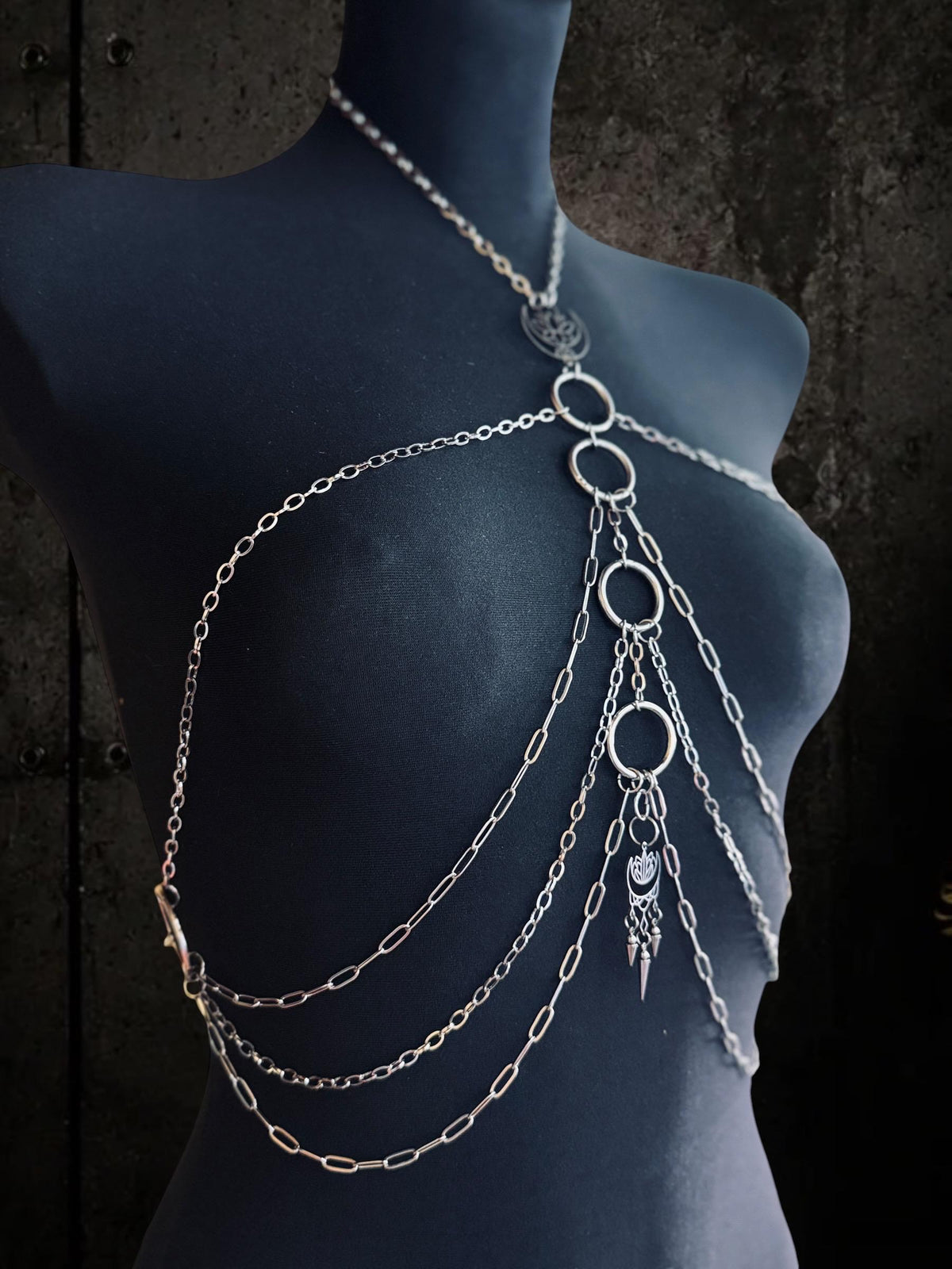 Moon Lotus Flower Body Chain | Stainless Steel Celestial Chest Harness Necklace