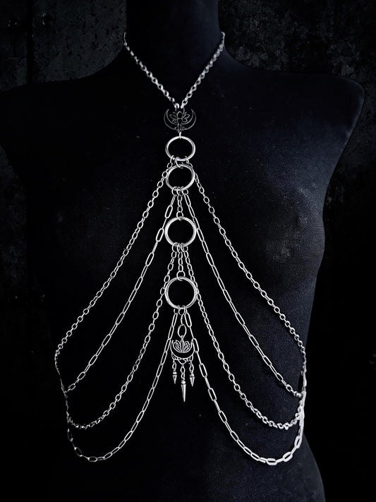 Moon Lotus Flower Body Chain | Stainless Steel Celestial Chest Harness Necklace