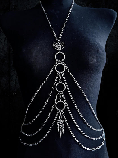 Moon Lotus Flower Body Chain | Stainless Steel Celestial Chest Harness Necklace