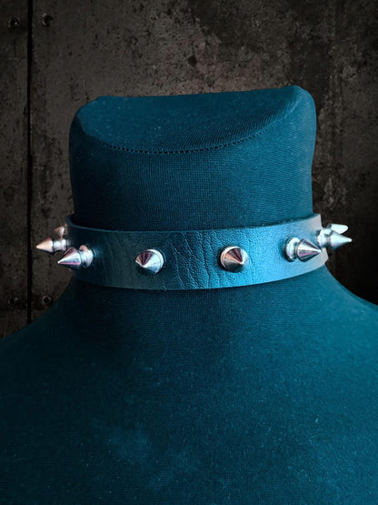 Spiked Leather Choker, Black Punk Collar, Stainless Steel Hardware, Classic Spikes or Studs