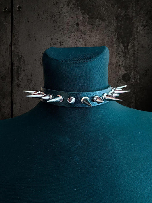 Black Spiked Choker, Genuine Leather Punk Accessory, Asymmetric Metal Hardware