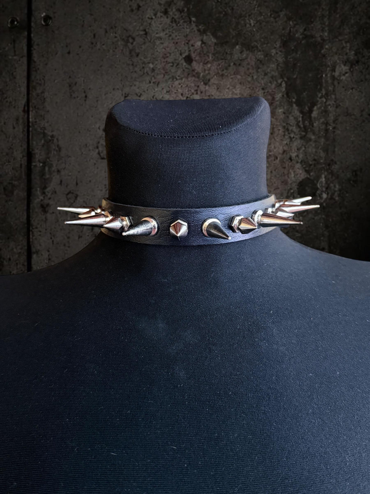 Black Spiked Choker, Genuine Leather Punk Accessory, Asymmetric Metal Hardware