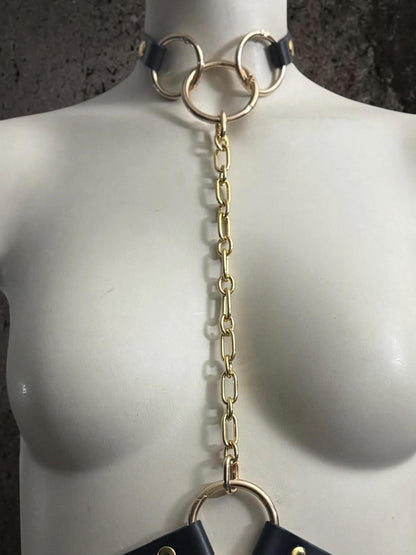 Collar with long gold chain drop to chest ring, convertible leather body harness component, bold statement