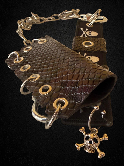 Leather Lighter Holder Keychain, Skull Flame Design, Dark Red Snake Print, Nightlife Accessory