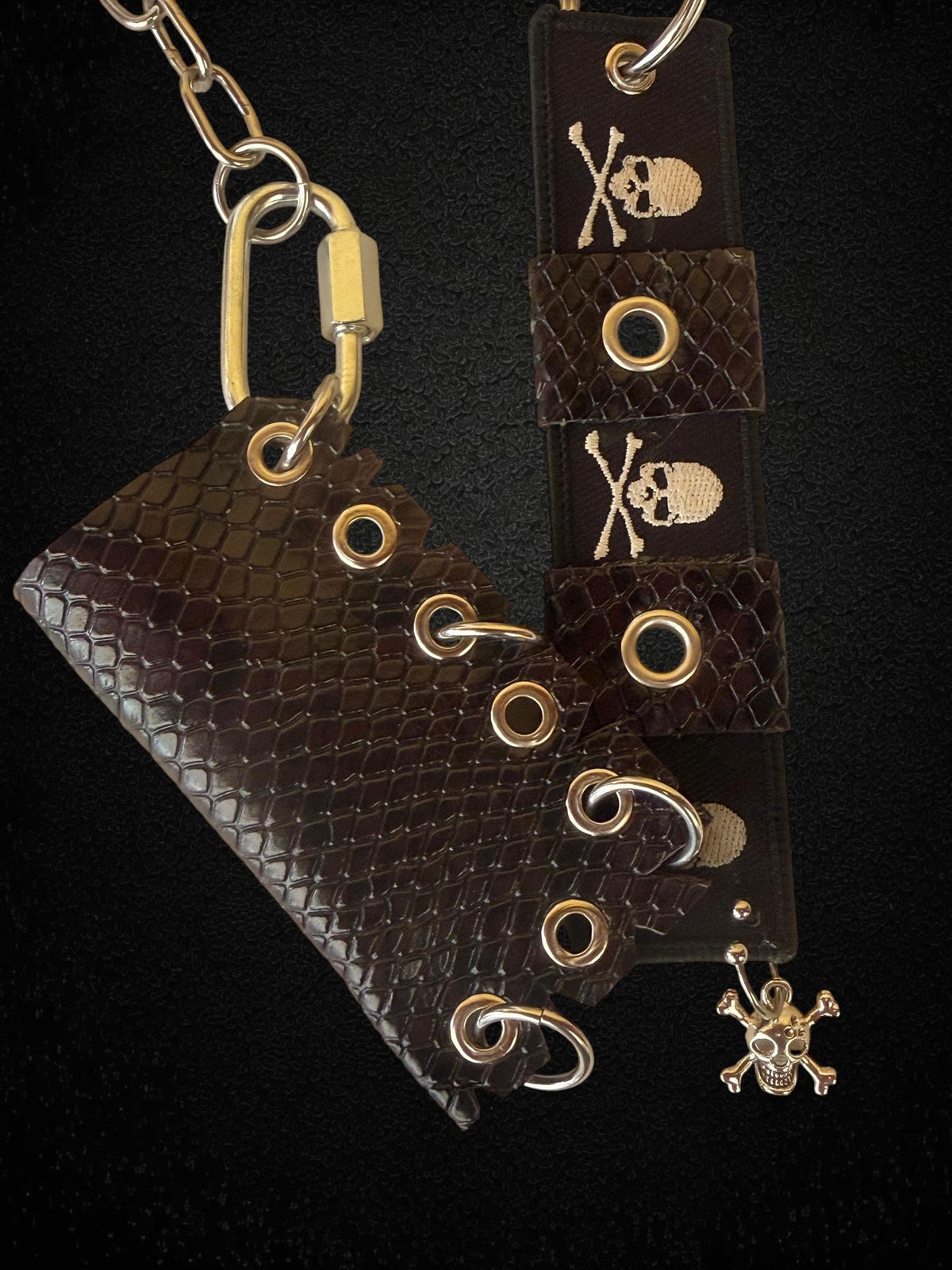 Leather Lighter Holder Keychain, Skull Flame Design, Dark Red Snake Print, Nightlife Accessory