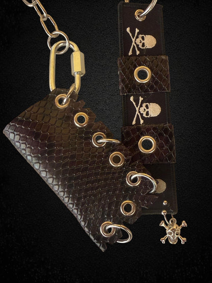 Leather Lighter Holder Keychain, Skull Flame Design, Dark Red Snake Print, Nightlife Accessory