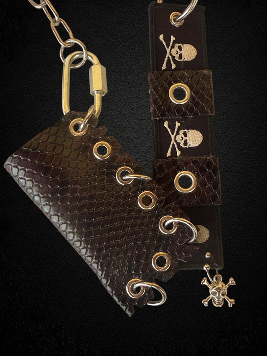 Leather Lighter Holder Keychain, Skull Flame Design, Dark Red Snake Print, Nightlife Accessory