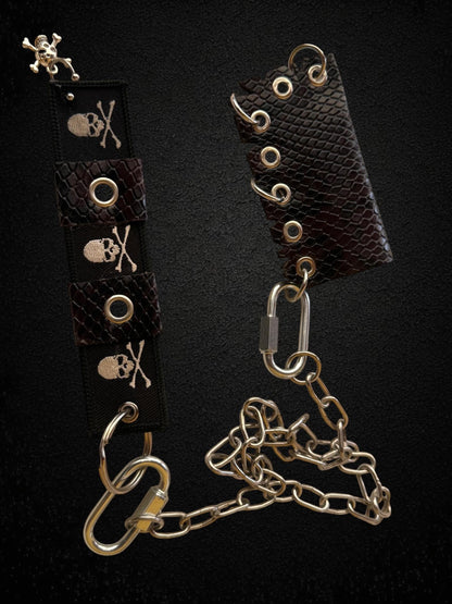 Leather Lighter Holder Keychain, Skull Flame Design, Dark Red Snake Print, Nightlife Accessory