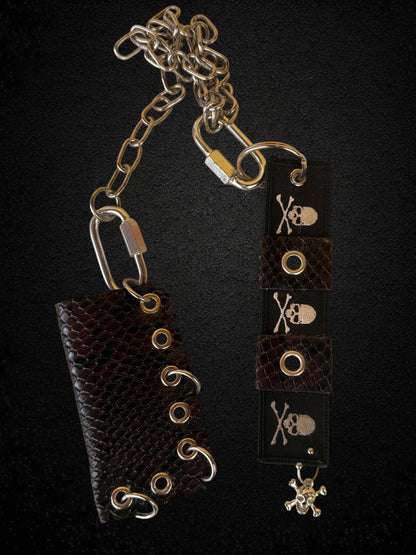 Leather Lighter Holder Keychain, Skull Flame Design, Dark Red Snake Print, Nightlife Accessory