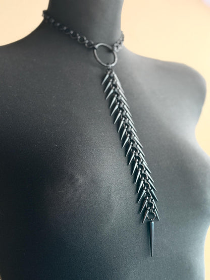 Angled black spine necklace drape, long wearable spine jewelry tail, festival and cyberpunk ready