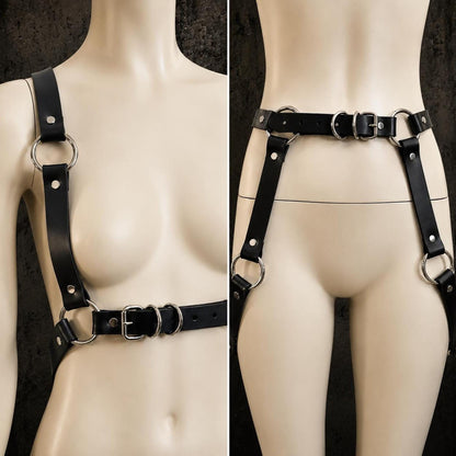 Side view waist-to-thigh convertible leather harness, adjustable straps and metal buckles visible