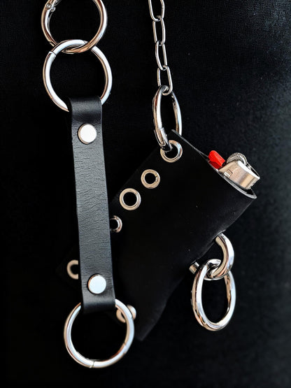 Leather lighter holder keychain, Handmade O-Ring Bag Charm with Long Chain, Gothic accessories