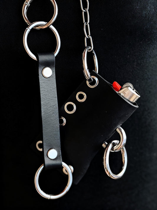 Leather lighter holder keychain, Handmade O-Ring Bag Charm with Long Chain, Gothic accessories