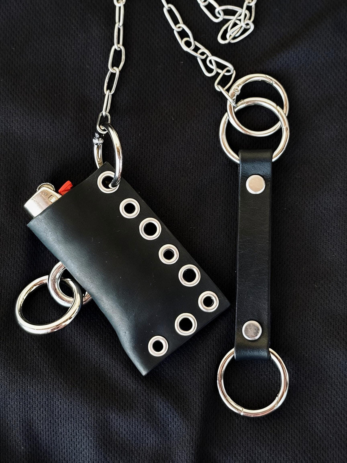 Leather lighter holder keychain, Handmade O-Ring Bag Charm with Long Chain, Gothic accessories