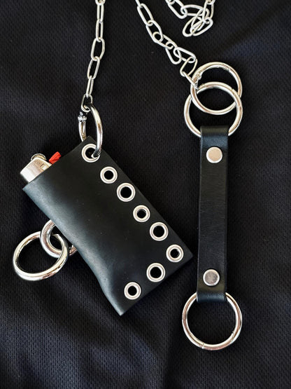 Leather lighter holder keychain, Handmade O-Ring Bag Charm with Long Chain, Gothic accessories