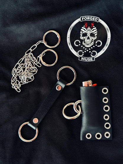 Leather lighter holder keychain, Handmade O-Ring Bag Charm with Long Chain, Gothic accessories