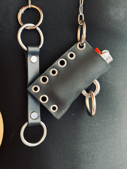 Leather lighter holder keychain, Handmade O-Ring Bag Charm with Long Chain, Gothic accessories