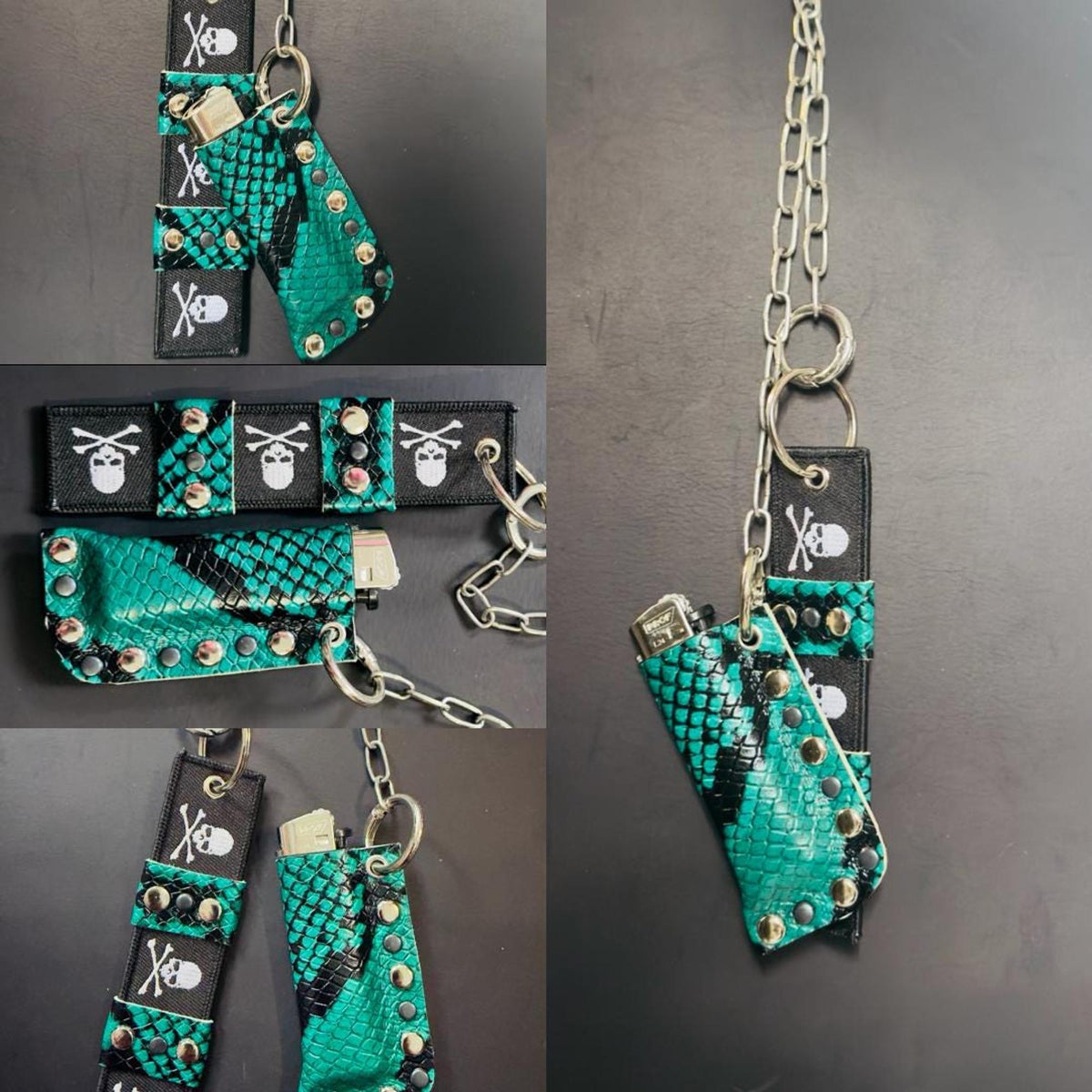 Spread layout of two turquoise snakeskin accessories, skull webbing and long chain, alternative fashion keychain set