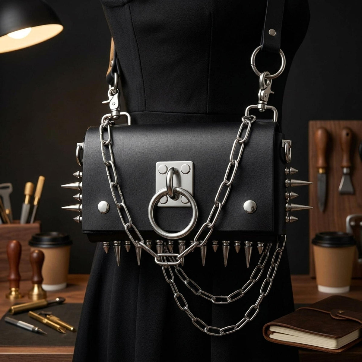 Gothic Leather Harness Bag, Handmade Italian vegetable tanned hide, Spikes and stainless steel hardware