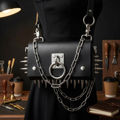 Gothic Leather Harness Bag, Handmade Italian vegetable tanned hide, Spikes and stainless steel hardware