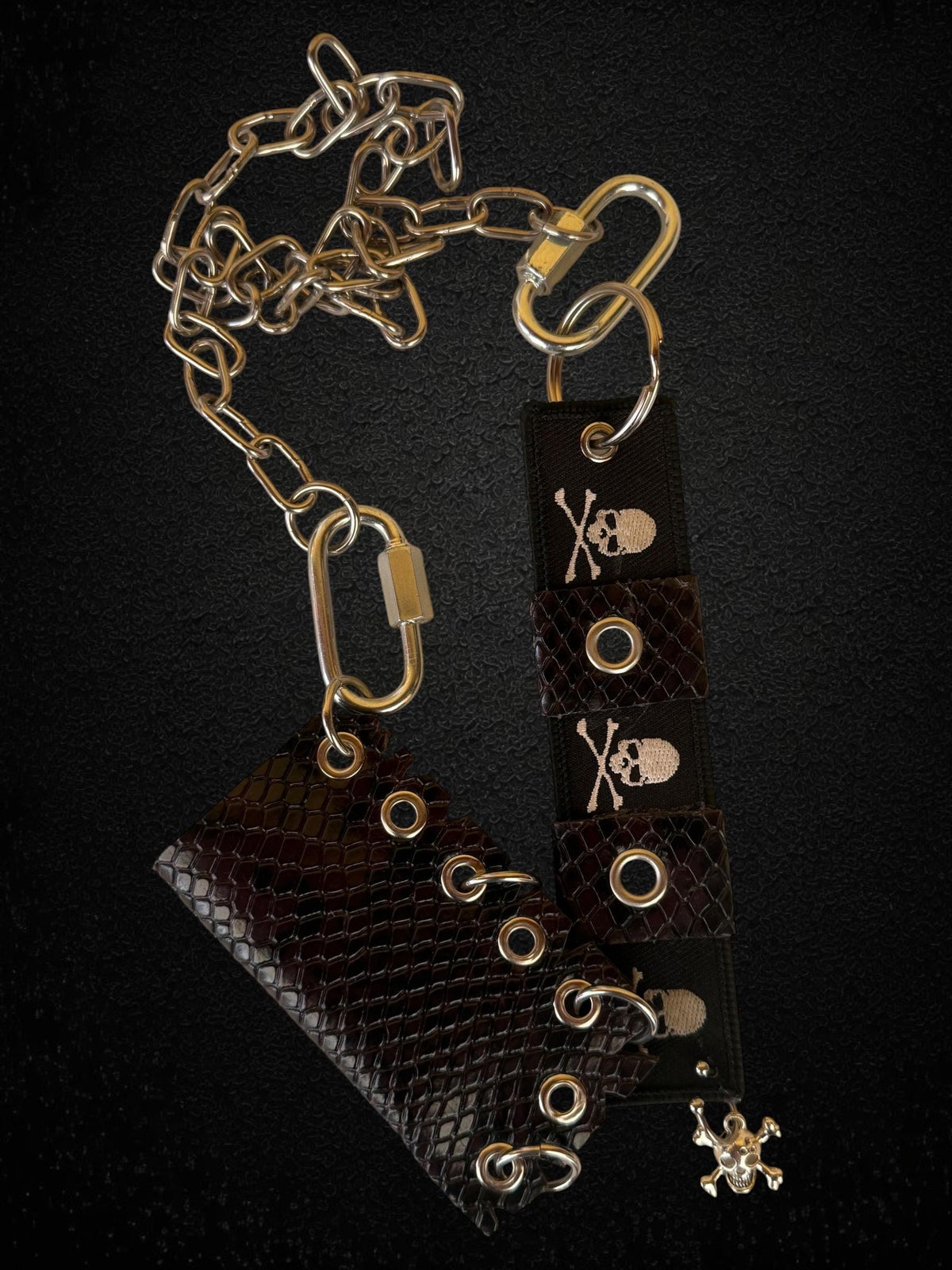Leather Lighter Holder Keychain, Skull Flame Design, Dark Red Snake Print, Nightlife Accessory
