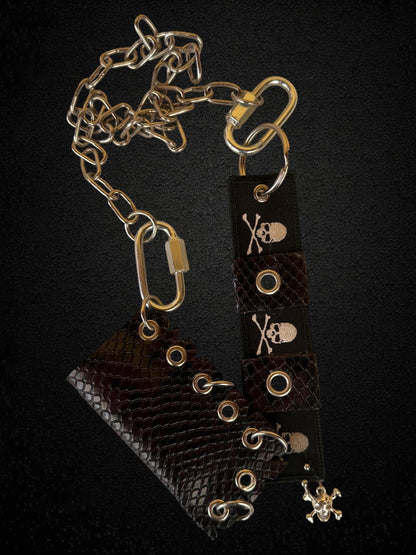 Leather Lighter Holder Keychain, Skull Flame Design, Dark Red Snake Print, Nightlife Accessory