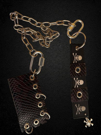 Leather Lighter Holder Keychain, Skull Flame Design, Dark Red Snake Print, Nightlife Accessory